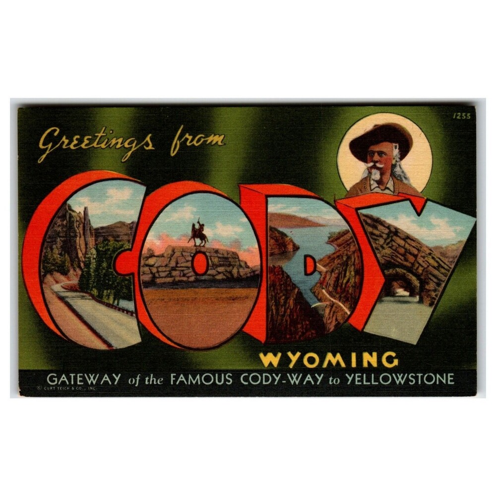 Greetings from Cody Wyoming Large Letter Art-Colortone Postcard Yellowstone